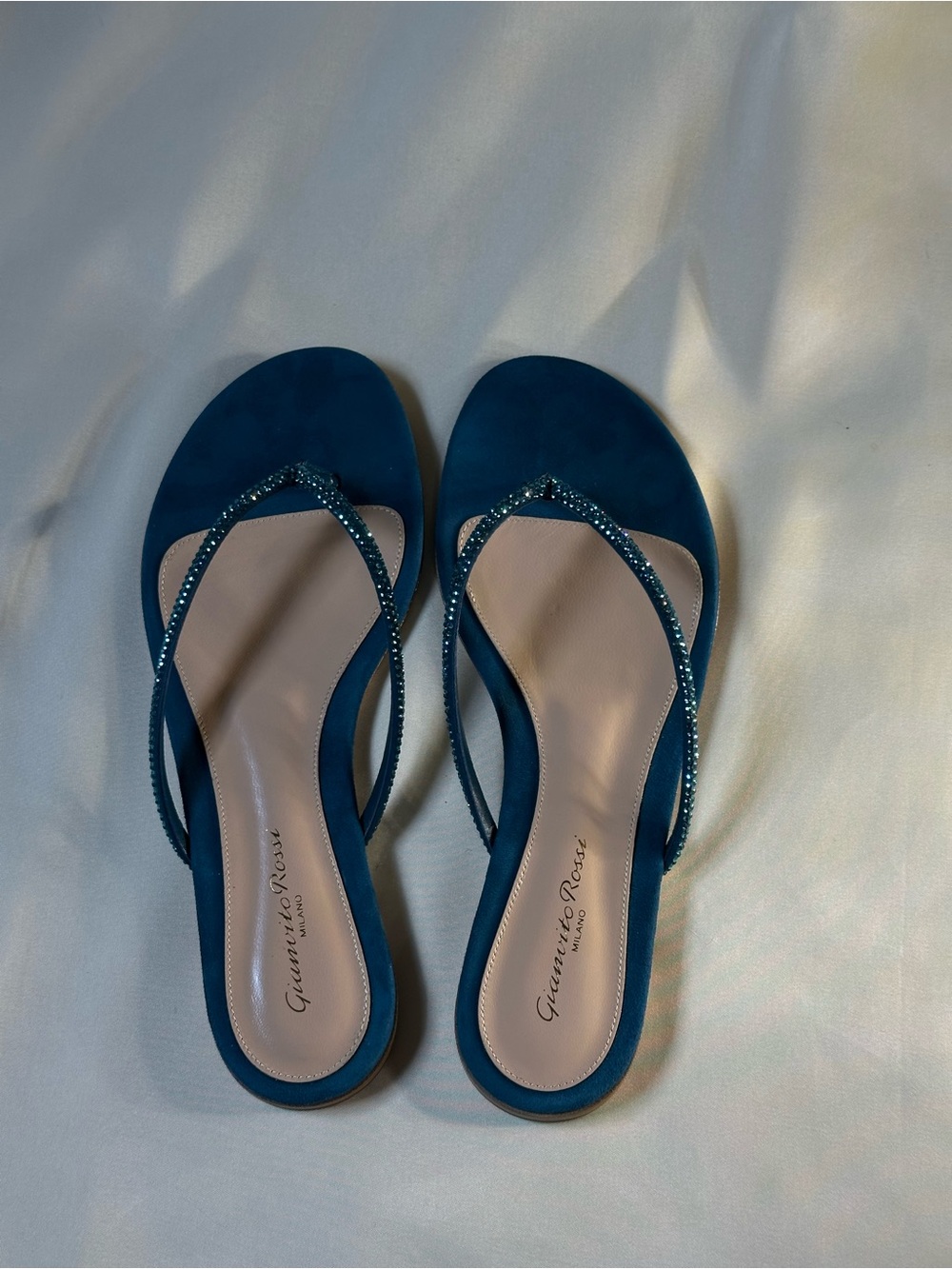 Gianvito Rossi Teal Suede Crystal-Embellished Thong Mules Size 39.5 NWT - Picture 6 of 7